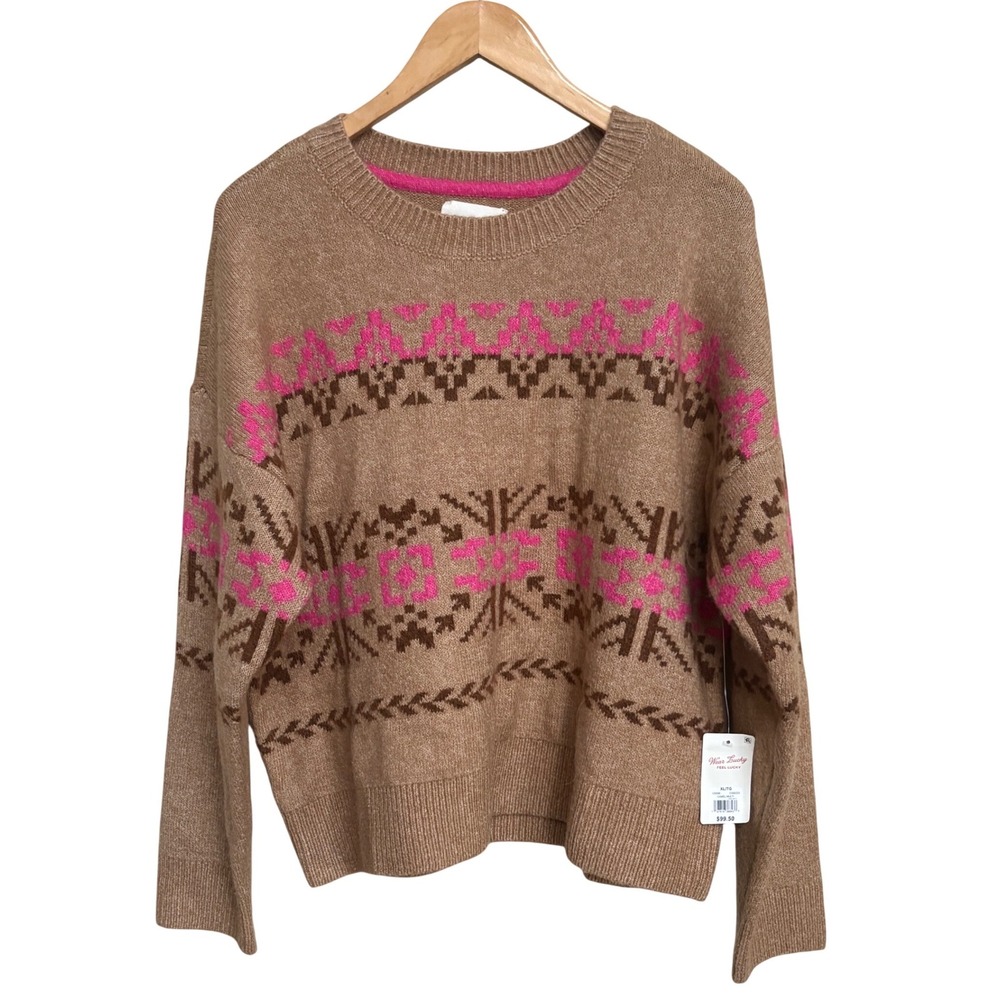 NWT Lucky Brand Women Camel Multi Fair Isle Intarsia Knit Sweater XL $99.50